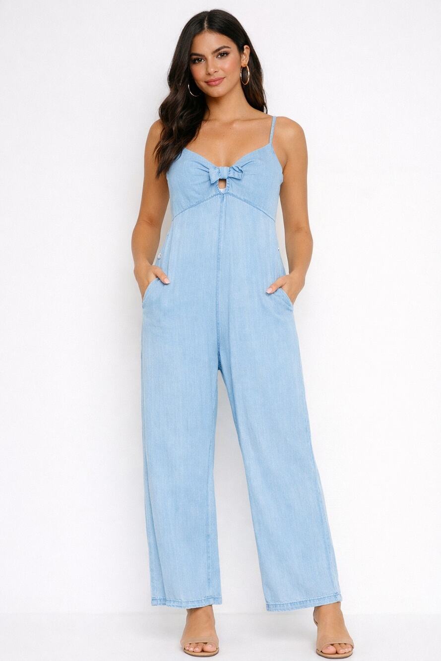 Sim & Sam Light Blue Wide Leg Jumpsuit Bleach Wash‎ Pockets Casual Boho L